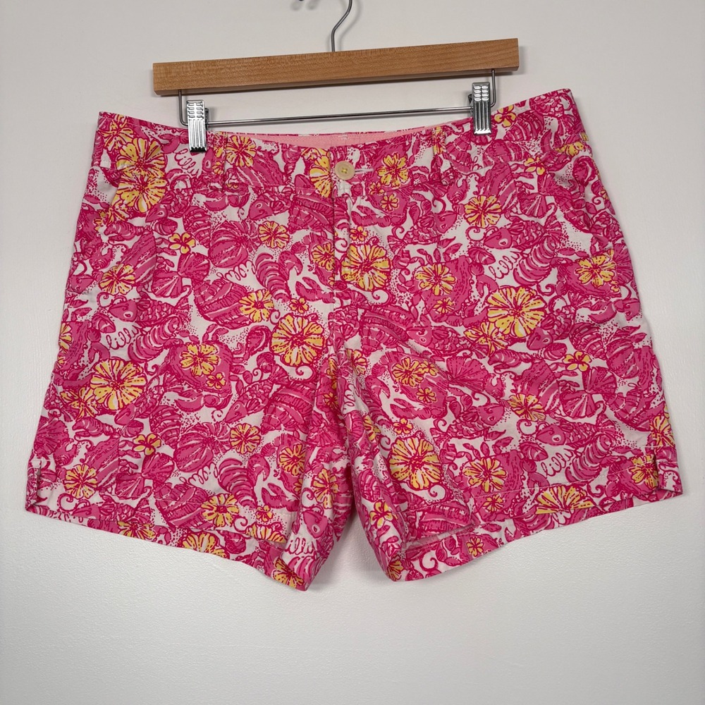 Lilly Pulitzer Women Walsh Shorts 14 Pink Yellw Chum Bucket Lobster Floral Cottn